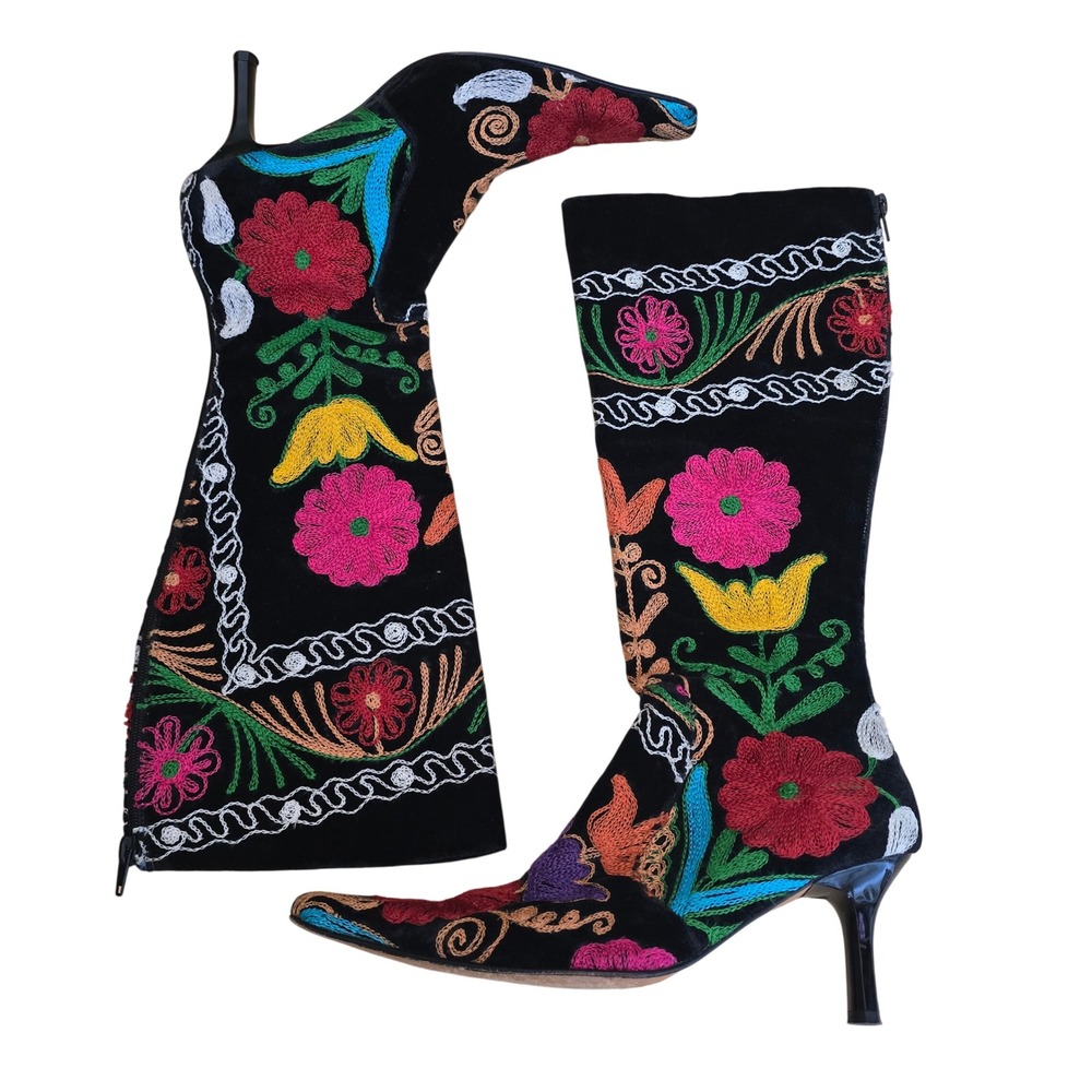 Vero Cuoio Embroidered Velvet Knee High Boots Pointed Toe Floral Black Size 37